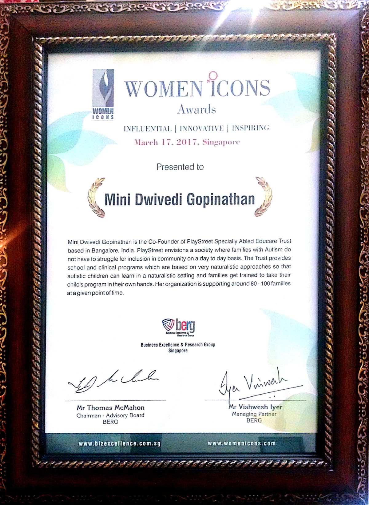 Mini Dwivedi Gopinathan's Citation at Women Icons Awards 2017 by BERG, Singapore